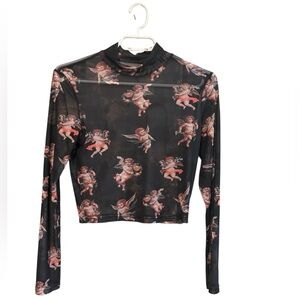 Gothic Black Cherub Print Mesh Top